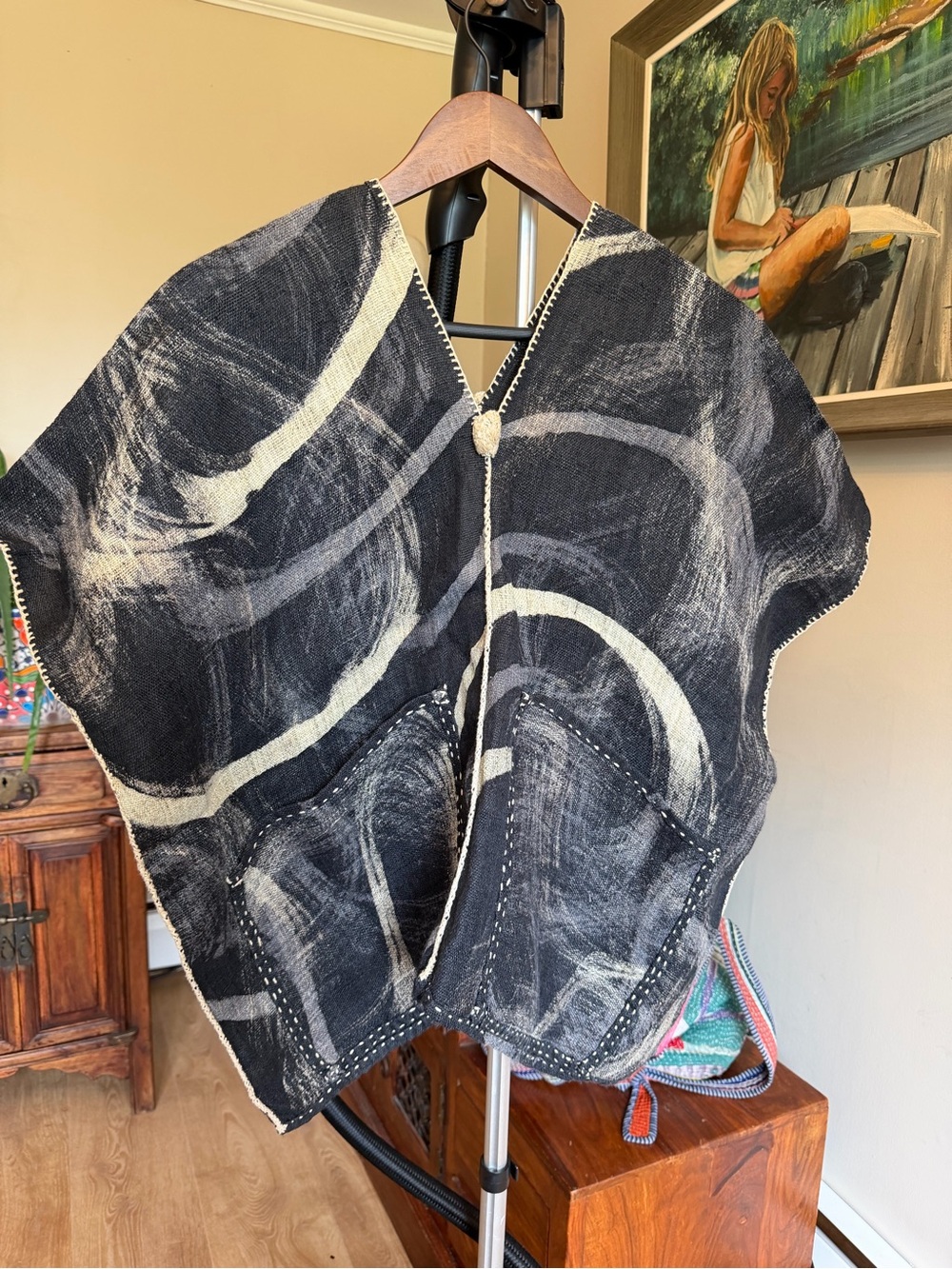 New Handmade in Thailand cotton linen Black and Cream Abstract Pattern Poncho